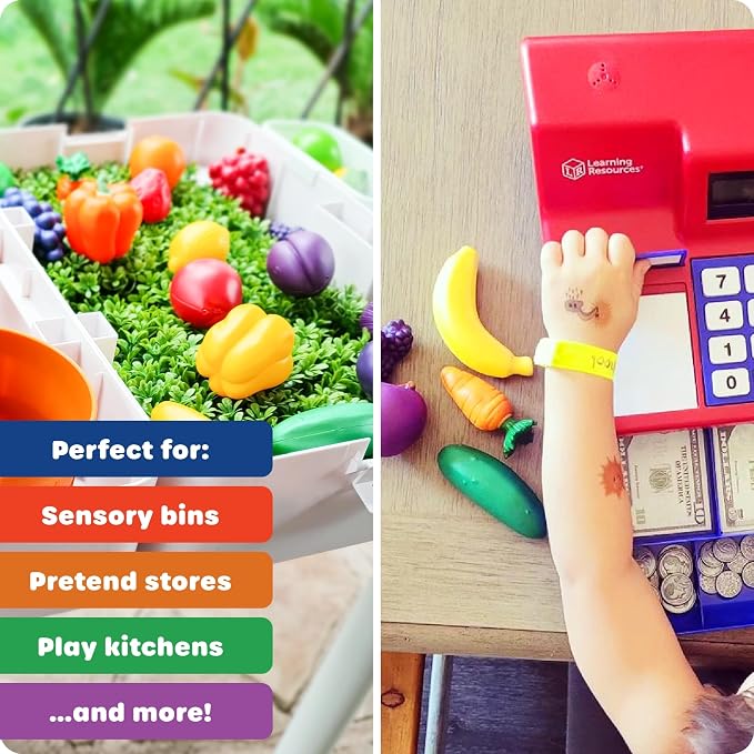 Learning Resources Farmer's Market Color Sorting Set | Pretend Play Food Sets for Kids Kitchen, Color Sorting Toys, Plastic Fruit and Vegetable Toy for Kids Kitchen Set