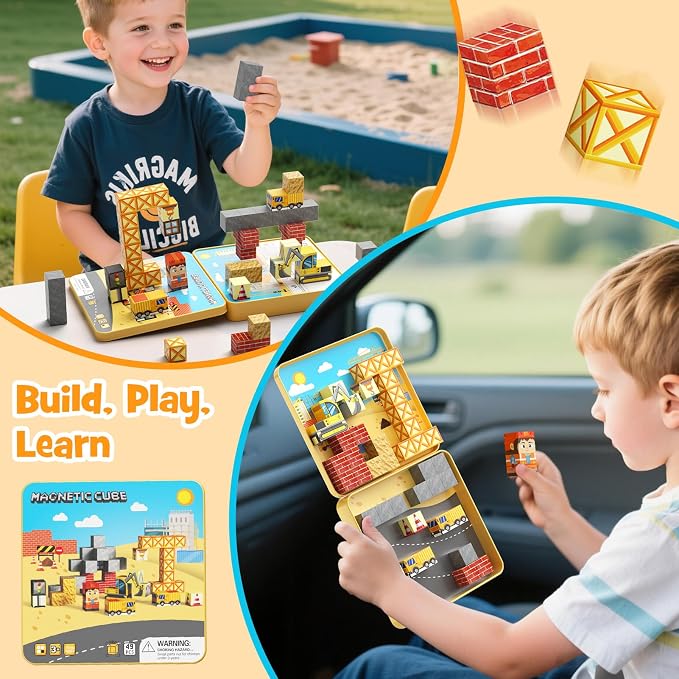 Magnetic Engineering Travel STEM：49PCS Mini Blocks Kit for Ages 3-8 | N32 Strong Magnets, Iron Box Baseplate, 49 Builds, 40+ Min Focus, 1-Min Storage, ASTM & CPSIA Certified, Perfect for Travel