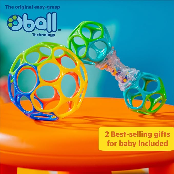 Bright Starts Easy-Grasp Oball Bundle Gift Set - Grasp The Day, Ball and Rattle Toys 2-Pack, BPA Free, Unisex, Newborn+