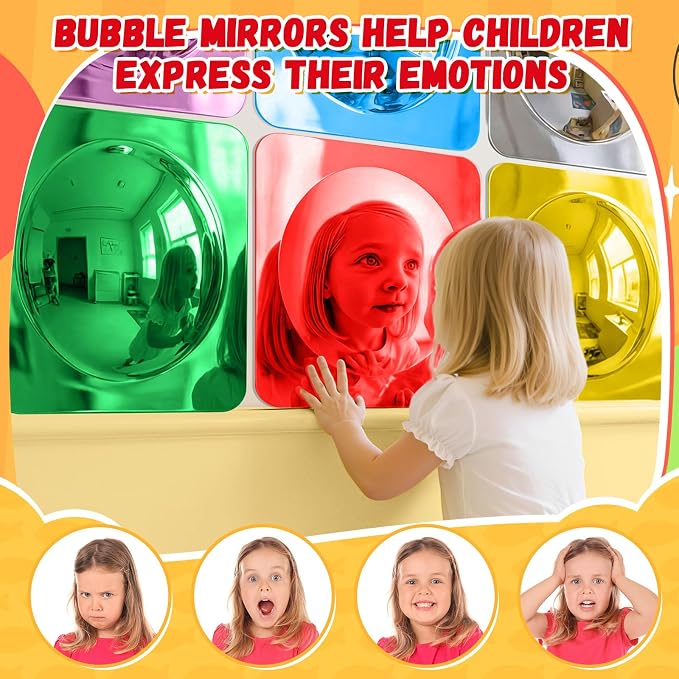 Geiserailie 9 Pcs Sensory Wall Bubble Mirrors, 10 x 10 Inch, CPC Certified | Colorful Acrylic Convex Mirrors, Sensory Room must haves, Classroom Learning Tool, Calming Corner, Preschool Daycare Activity