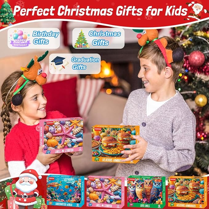 4 Packs 100 Piece Puzzles for Kids Ages 4-6, Jigsaw Puzzles for Kids Ages 6-8 8-10 Sea World, Owls, Hamburger, Starfish Learning Educational Toys for Boys and Girls