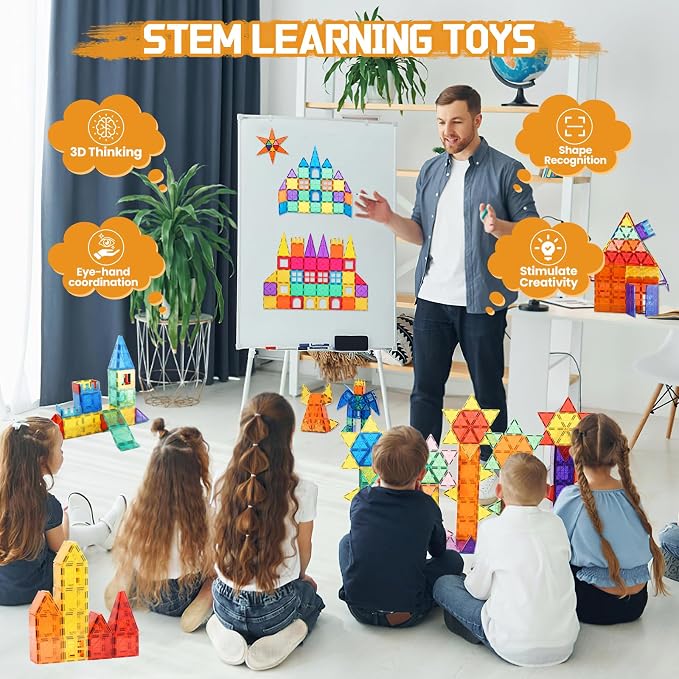 Paaxido Magnetic Tiles - 130PCS Magnetic Blocks for Kids, Magnet Tiles Building Blocks Set with 2 Cars, Construction STEM Magnet Toys Gift for Kids, Boys and Girls 3 4 5 6 7 8+ Year Old