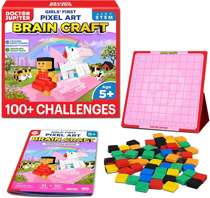 Doctor Jupiter Girls' First STEM Pixel Art Kit for Kids Ages 5+ | 100+ Coding Challenges, Birthday Gift for Girls Ages 5,6,7, Montessori Educational Math Toy