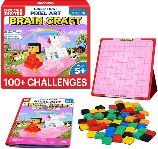 Doctor Jupiter Girls' First STEM Pixel Art Kit for Kids Ages 5+ | 100+ Coding Challenges, Birthday Gift for Girls Ages 5,6,7, Montessori Educational Math Toy