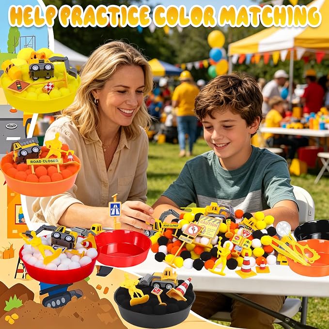 260Pcs Construction Sensory Bin Filler Construction Fine Motor Sensory Bin Items Pom Poms Vehicles Road Signs Worker Figures for Summer Counting Sorting Training Decor