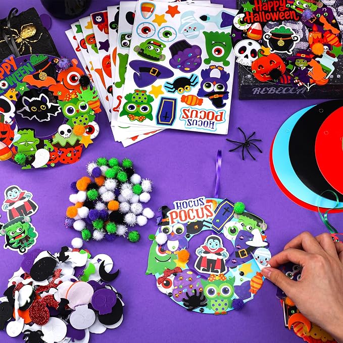 Hollowfly 48 Sets Halloween DIY Wreath Craft Kits Trick-or-Treat Party Activities