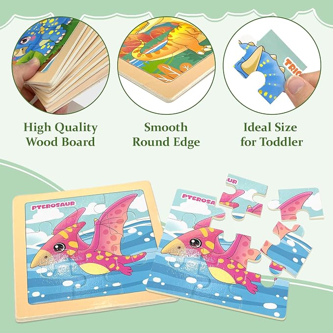 Wooden Dinosaur Puzzles for Toddlers, 8 Pack 9 PCS Jigsaw Puzzles for Kids | Wooden Puzzles for Toddlers 3-5, Dinosaur Toys for Kids 3-5, Preschool Puzzles Learning Educational Sets Toys