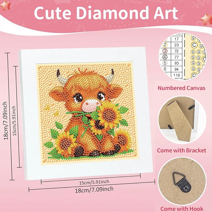 Gemozaic Highland Cow Diamond Art Kits for Kids Ages 6-8-12, 7 x 7 Inch | Animal Diamond Art for Kids 10 Year Old with Frame, Easy Kid Big Gem Painting, DIY Arts and Crafts for Girl Birthday Gift