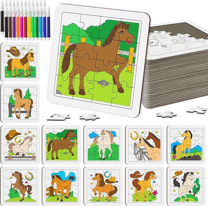 Cinrobiye 24 Pcs Horse Coloring Jigsaw Craft Kit for Kids, DIY Farm Pony Activity Set Bulk with 12 Designs, Rodeo Birthday Party Favors, Classroom Art Projects, Western Theme Supplies