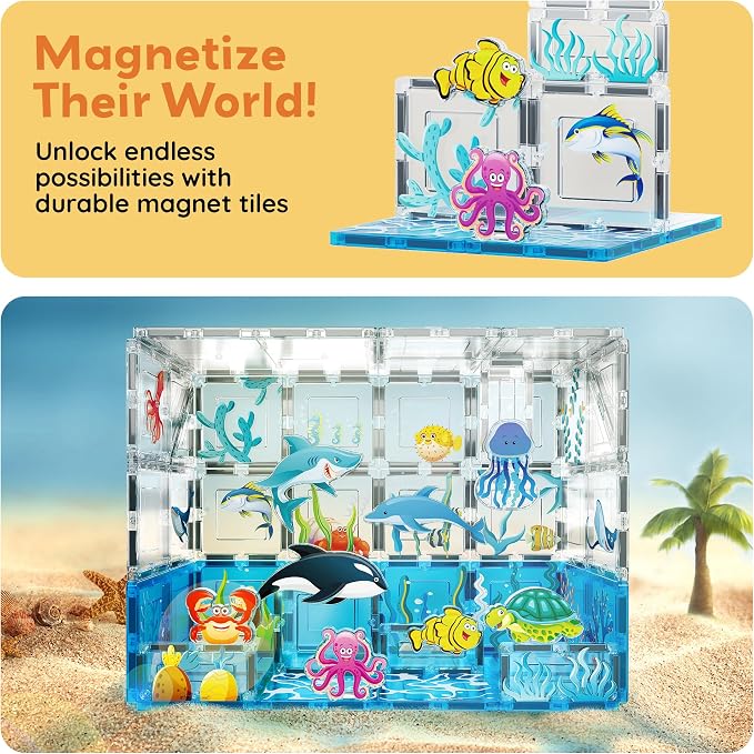 PicassoTiles 52 PCS Magnetic Tiles Ocean Animal STEM Set 8 Figures Ages 3+ | 44 blocks, 22 aquatic prints, BPA-free & non-toxic plastic, strong hold, roleplay, sensory discovery, motor skills