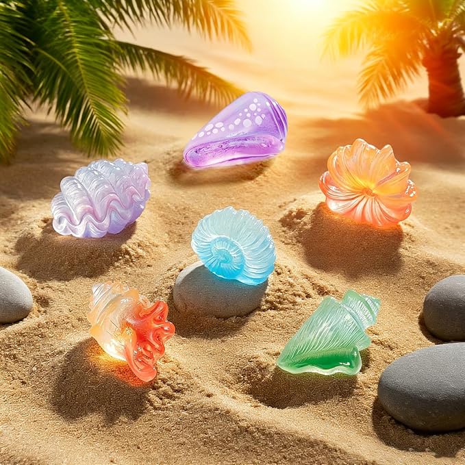 42Pcs Mini Resin Seashell Conch Figurines Small Sea Shell Figures for Craft | Tiny Bulk Plastic Shells Ocean Animals Aquarium Decorations DIY, Glow in the Dark, 7 Styles 6 Each, Mermaid Party Favors