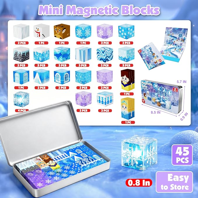Magnetic Blocks, 45pcs Travel Toys Building Set with Magnetic Tin Box, Transparent & Light Up Magnet Cubes for Blue Snow Castle Build, Princess Toy Birthday Gift for Kid Girl 3+