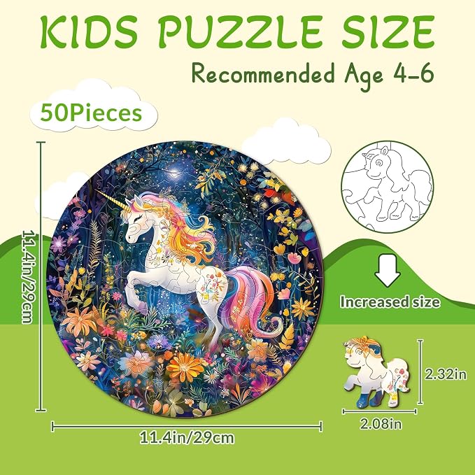 Rainbow Wooden Puzzles for Kids - Unicorn | 50 Piece Puzzles for Kids Ages 6-8, Kids Puzzles with Unique Animal Shapes, Round Gift for Girls and Boys (11.4 * 11.4 in)