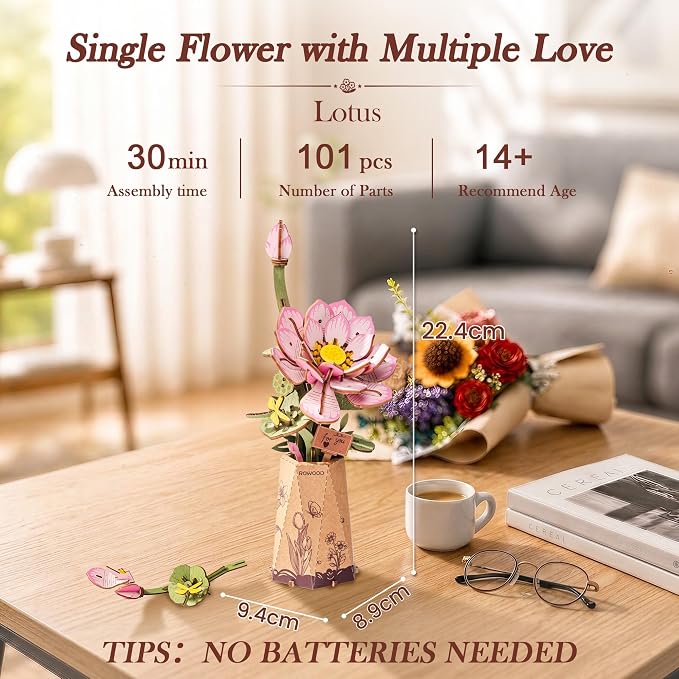 rowood Lotus 3D Puzzles for Adults,Wooden Flower DIY Craft Kits for Women,Botannical Collection Table Decor,Mothers Day/Teachners Day Gift
