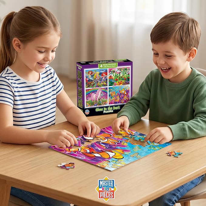 MasterPieces – Jigsaw Puzzle Set for Kids 6+ Years, 4-Pack of 100 Pieces, Educational and Fun Game, Purple Glow in the Dark Collection, Gift Idea for Children, 8" x 10