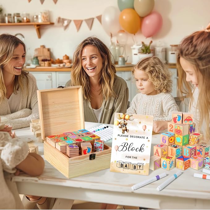 Baby Shower Blocks Game Set with Wooden Box, Acrylic Markers & Wooden Sign for Baby Shower Games, Gender Reveal & Decorations (BrownBear)