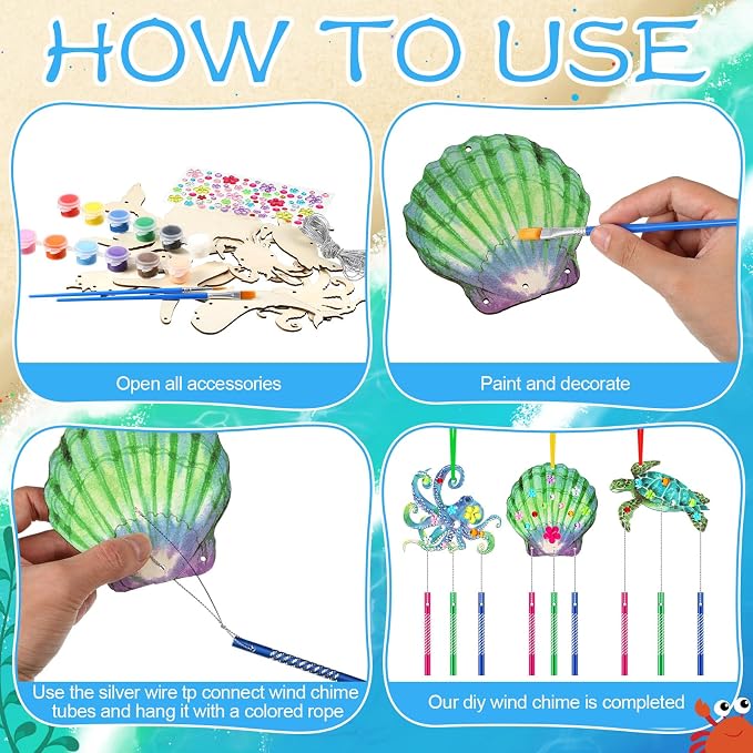 JellyArch 30 Pack Ocean Wind Chime Crafts, Sea Animals Beach DIY Wooden | Perfect for Kids Party Activities, Includes Sea Creature Designs with Shells Whale Turtle, Summer Home Decor