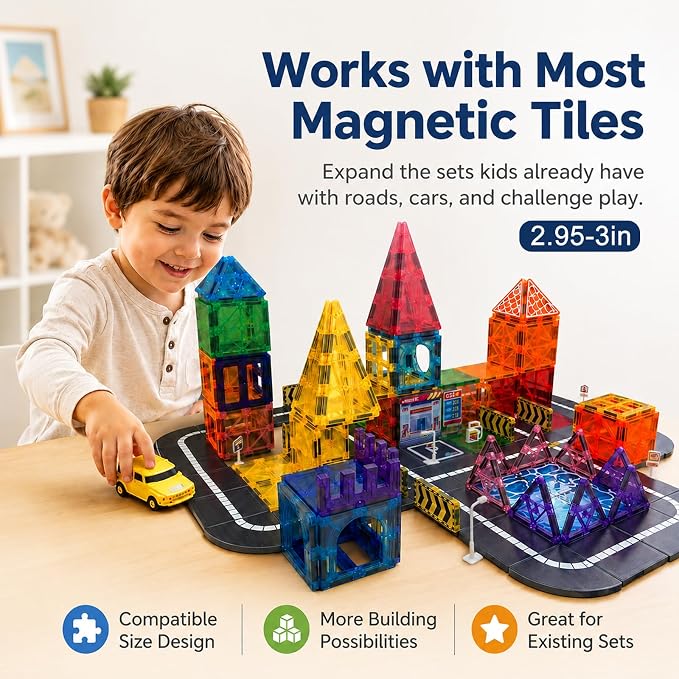 98-Piece Magnetic Tiles Building & Road Set for Kids, Includes Sensor-Guided Car that Follows Road Lines + Traffic Signs,STEM Montessori Building Toy for Boys & Girls Ages 4–12