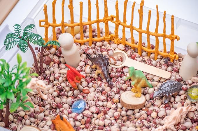 Dinosaur Sensory Bin Kit for Kids | Taste-Safe Pinto Beans, Fossil Skeletons, Trees, Volcano & Durable Wooden Tools – Includes Storage Bin