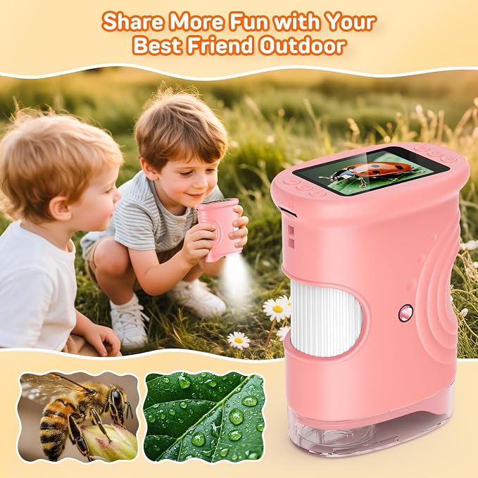 Microscope for Kids with 2.0" IPS Screen Girls Handheld Outdoor Gifts | 1000X Portable STEM Science Lab Toy, Rechargeable Digital Microscope Educational Gift for Girl Age 4-6 8-12, Pink