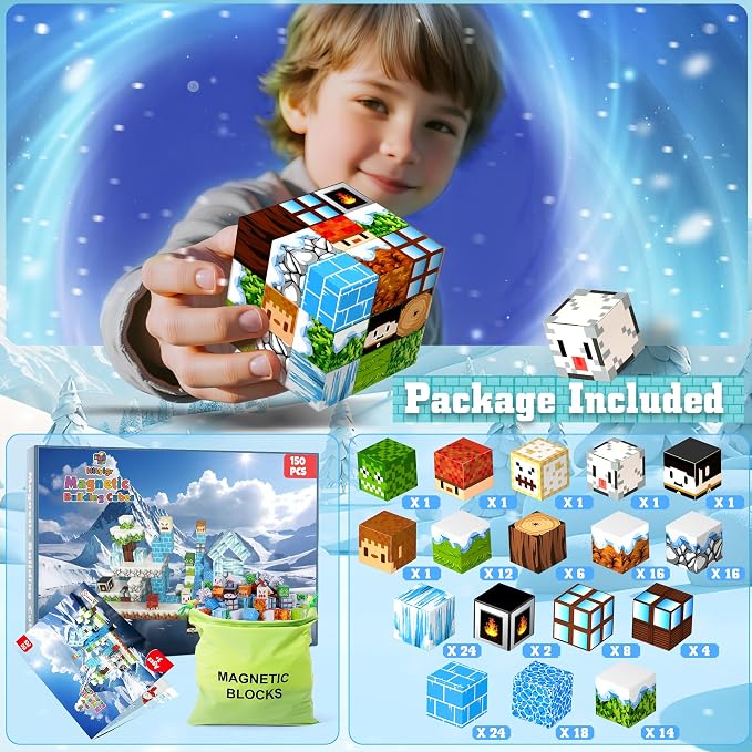 150PCS Magnetic Blocks for Kids Age 3+, Snow World | Magnetic Building Cube, Construction Toys for Boys & Girls Age 3-4 5 6 7 8-12, Sensory Tiles Building Gift for Birthday