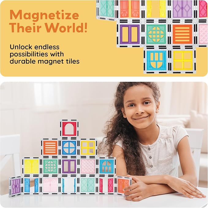 PicassoTiles Window and Door Clip On Magnetic Blocks Magnet Tiles Magnets Building Tile Construction Toy Set STEM Education Toys Learning Kit Stacking Block Playset Boys & Girls Age 3+ PT30