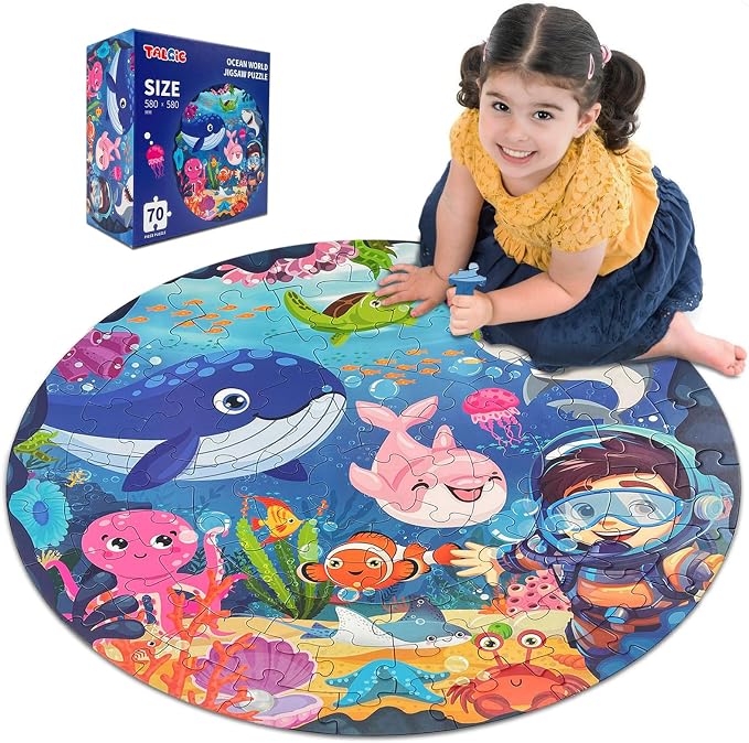 TALGIC Puzzles for Kids Ages 4-6 with Ocean & Underwater World, 70 Piece | Large Round Floor Puzzles, Colorful Underwater World, Educational Learning Toys for 3, 4, 5, 6, 7, 8, Gift for Boys Girls