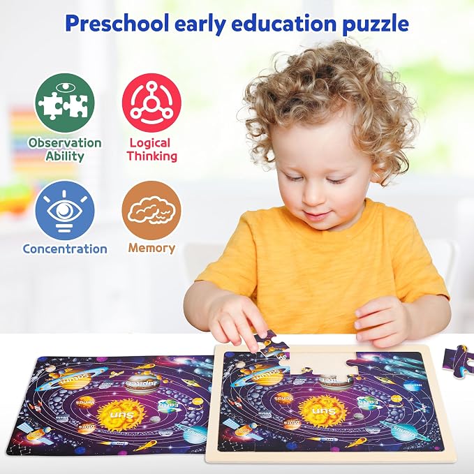 SYNARRY Large USA Map, World Map & Solar System Wooden Puzzles Ages 4-6 | Puzzles for Kids Ages 3-5, Birthday Gifts for Boys & Girls, Educational Geography & STEM Toys, Screen-Free Play
