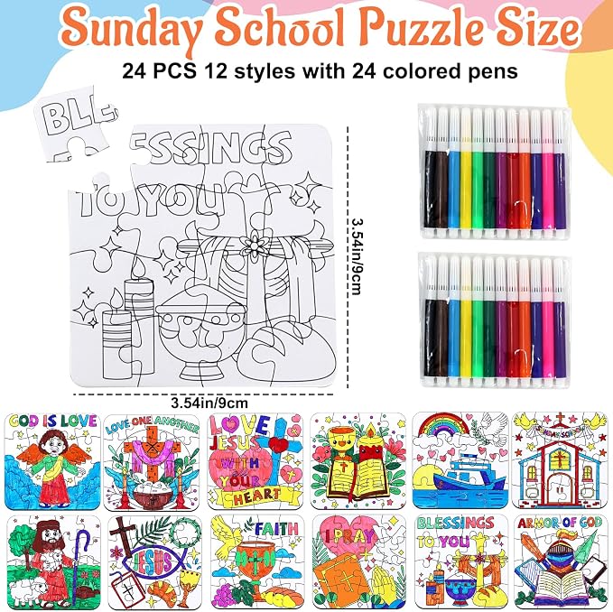 24 Sets Christian Sunday School Crafts for Kids Bulk, Religious VBS Craft Puzzle Activities Bible Jesus Loves DIY Arts Jigsaw for Classroom gifts, Back to School Party Favors, Coloring Games Supplies