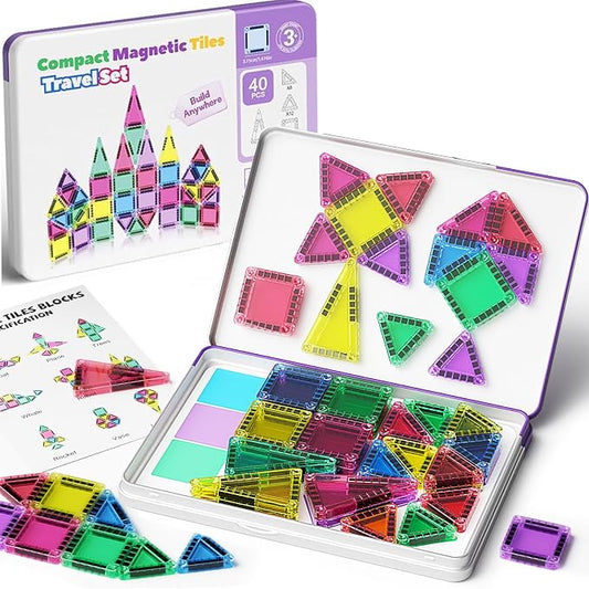 WMDXU Mini Magnetic Tiles Girls: Travel Building Set with Iron Box for 3+ | 42PCS On-the-Go Travel Toy, Strong Magnets Hold Tiles Upside Down without Falling, Iron Box Storage, for Girls 3-8