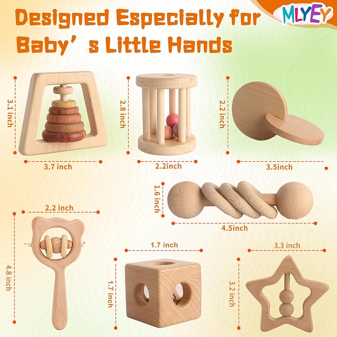Wooden Rattles for Baby, 7PCS Wooden Montessori Toys for 7-24 Months Baby Boy Girl, Natural Beech Wood Grasping Toy, Gift for Babies