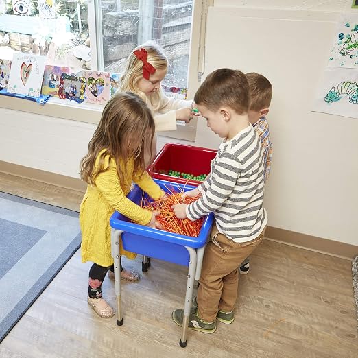 ECR4Kids 2-Station Sand and Water Adjustable Play Table, Sensory Bins, Blue/Red | Durable plastic/steel, GREENGUARD Gold Certified, 3-5 years, 80 lb capacity, adjustable legs, easy-lift lids, indoor/outdoor