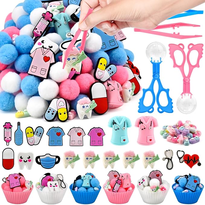 159 Pcs Doctor Sensory Bin Items Pretend Play Doctor Kit Counting Sorting Sensory Bin Filler Fine Motor Capsules Tooth Model Face Mask Counts for Summer Counting Sorting