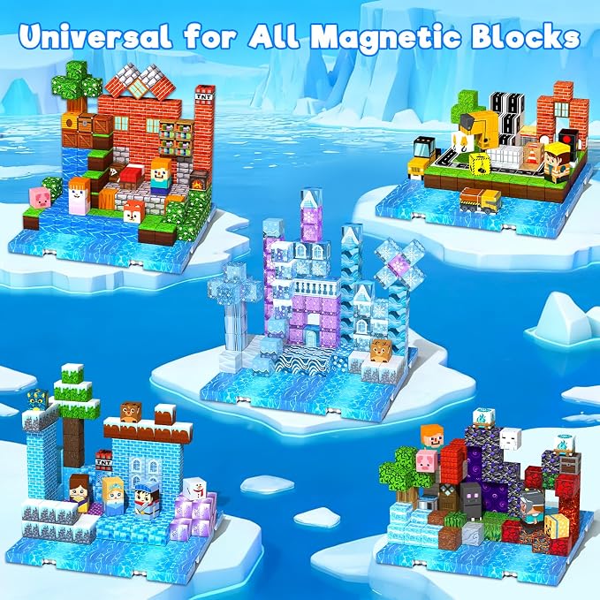 4PCS 4" x 4" Magnetic Building Block Base Plates for Kids, Strong Grip Magnetic blocks Base Compatible with Most Popular Magnetic Blocks & Cubes, STEM Educational Toys for Boys Girls Ages 3+ (Water）