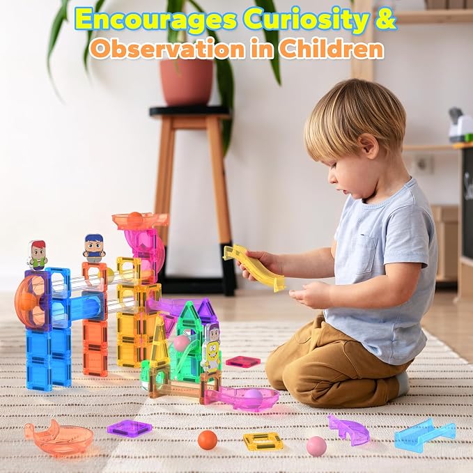 112 Pieces Mini Magnetic Tiles Building Toys for Kids Ages 4-8 Boys Girls | Zerxpho Magnetic Tiles with Rolling Balls and Cartoon Characters Imagination to Create a 3D World, STEM Learning Toys Gift