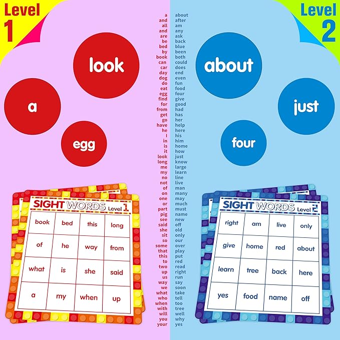 SpriteGru Sight Word Bingo Game, 120 Sight Words Learn to Read Level 1 & Level 2 Bingo Board Game Dolch's & Fry's Words Lists for Kindergarten and Preschool Kids 4-8, Perfect for Classroom & at Home