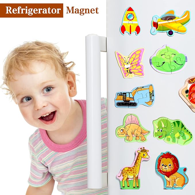 Magnetic Puzzles for Kids Ages 3-5, Travel Toddler Food Puzzle Toy | Refrigerator Magnet Game for Ages 4-6, Learning & Birthday Gift for Boys, Car Airplane Road Trip Quiet-Time Activity Toys