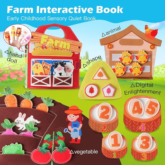 Farm Animals Busy Book for Toddlers 1-3,Montessori Toys 1 Year Old Busy Board,Felt Activity Quiet Book,1 Year Old Toddlers Gifts, Travel Toys for Toddlers 2-4, Children's Birthday