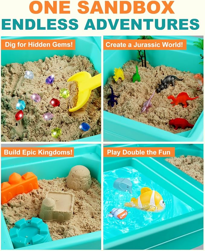 Sandbox Kit Sand Table : Sand Playset Bin with Lid Toys Toddler Dinosaur/Ocean Molds Sets Enhance Creativity & Exploration Skills - Outdoor Indoor Sensory Activity Gift for Small Kid Ages 3-5