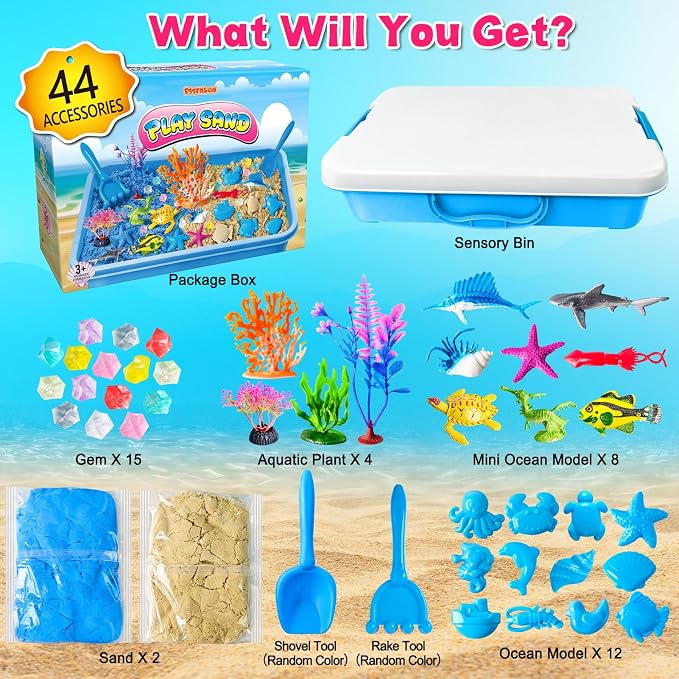 Sensory Bin Ocean Kit with Sensory Sand | Play Sand, Pretend Play Beach Toy, Sandbox for Girls and Boys