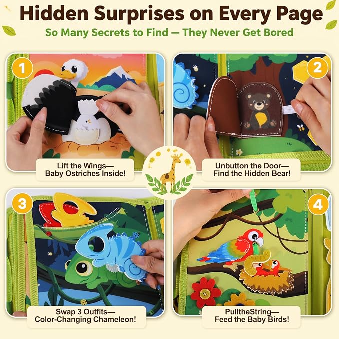 Gigilli Busy Book for Toddlers 1-3, 20 Activities Montessori Toy Busy Board | 6 Finger Puppets, Wild-Animal Educational Learning Quiet Activity, Travel Toys Birthday Gifts for Boys Girls