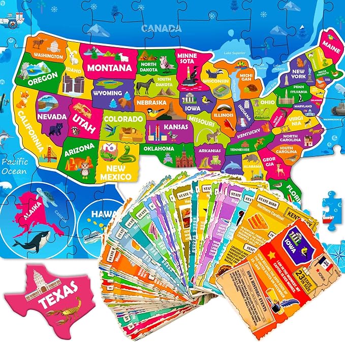United States Puzzles for Kids Ages 8-10 - Jigsaw Kids Puzzles Ages 6-8 | 70 Pcs Jigsaw Floor USA Map Puzzle - 50 Cards with 400+ USA Facts - US State and Capitals Educational Gift for Children 4-8
