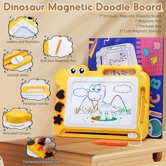 AiTuiTui Dinosaur Magnetic Drawing Board for Toddlers Ages 2-4, Yellow | Doodle Board Toddler Toys, Educational Learning Kids Gift for 3 Year Old Boys Girls, Color Sketch Writing Pad Travel Games