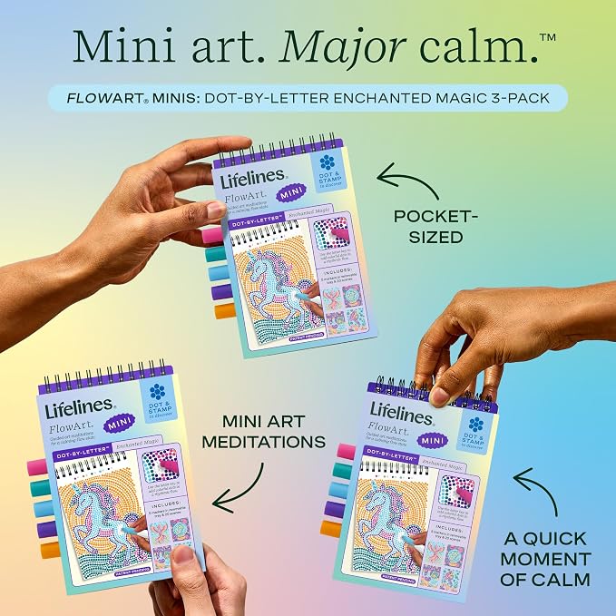 Lifelines FlowArt Mini Activity Pad, 3-Pack - Dot-by-Letter Coloring Books | 15 Double-Sided Markers & 60 Scenes - Guided Art Meditations for Tweens, Adults & Seniors - Dot-by-Letter - Patent-Pending