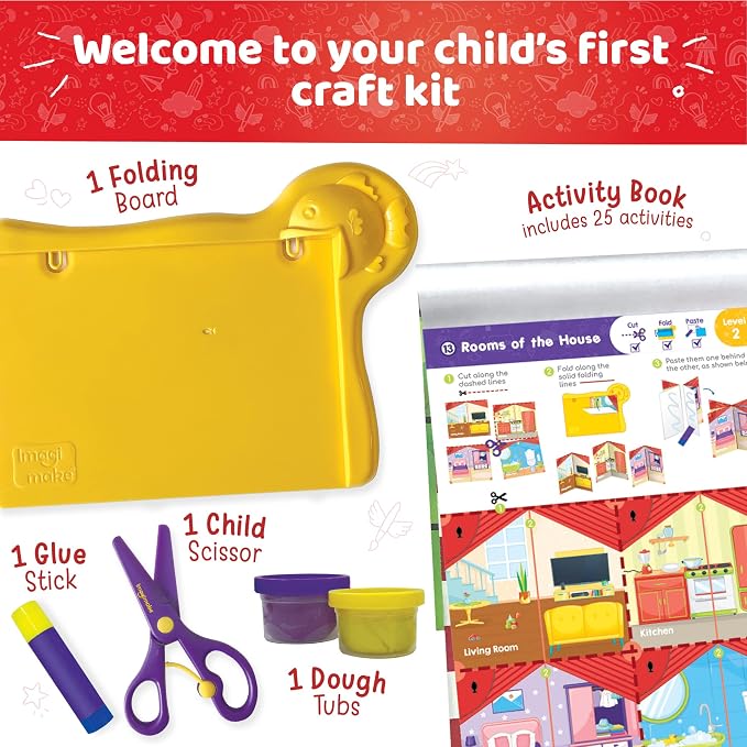 Imagimake My First Craft Kit, 25 Mess-Free Activities for Toddlers | Scissor Skills, Beginner's Folding Board, Hands-On Paper Crafts, Birthday Gift for Boys & Girls Ages 3,4,5,6 Years Old