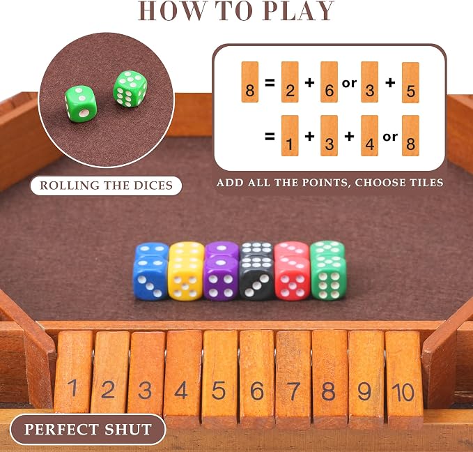 Shut The Box Dice Game – Vintage Wooden Board for 1-6 Players | Classic Strategy & Tabletop Game For Adults & Kids. Fun For Family, Classroom, Home, Party, Or Pub. Vintage Wooden Board Game