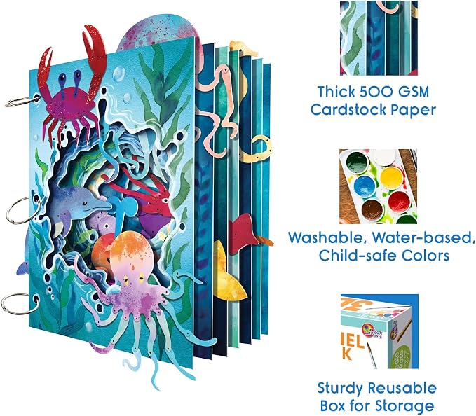 EyeConnect Crafts Ocean 3D Tunnel Book – Hands-on Stationery Craft Kit | Build, paint, create a unique pop-in book with 12 posable animals! Screen-free STEAM activity, gift. No tools/glue needed, 8+