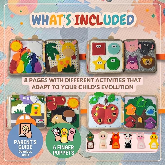 LUMS Busy Book for Toddlers 1-3 - Montessori Busy Board, Toddler Activity Book Ages 2-4, Felt Quiet Sensory Learning Travel Toy for 1 Year Old, Car & Airplane Rides
