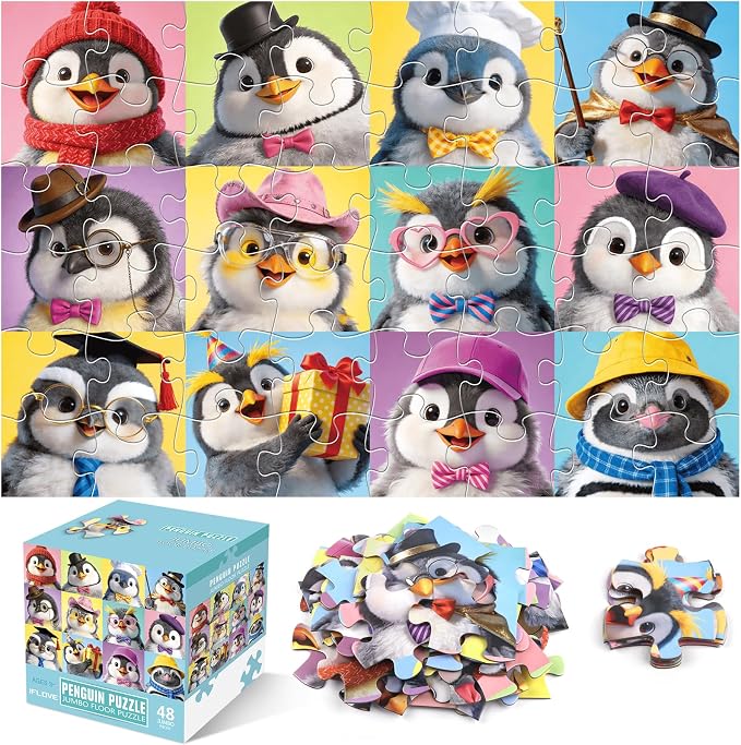 Jumbo Floor Puzzle for Kids,48 Piece Penguin Jigsaw Puzzle Ages 3-8 | 12 Penguin Characters,Extra-thick Cardboard,Preschool Learning Toy,35x24 in Completed,Educational Gift for Boys and Girls