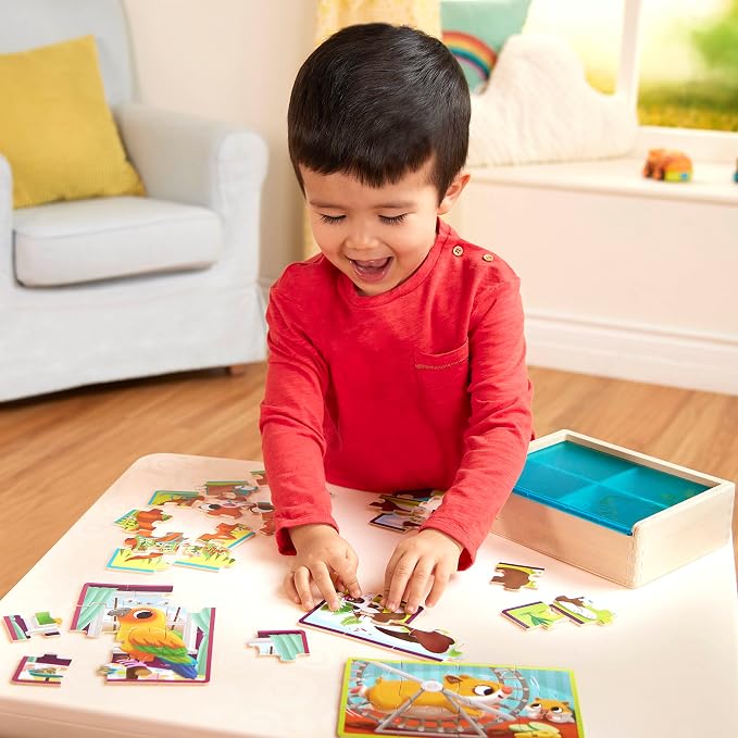 B. toys Wooden Puzzle Set, 4 Animal Puzzles with Wooden Box, Pets | Pack o' Puzzles - Pets includes 4 wooden 12-piece puzzles with cat, dog, bird, and hamster; color-coded backs; 3+ Years